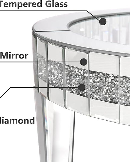 35.5'' Mirrored Round Coffee Table for Living Room, Modern Glass Coffee Table with Crystals Inlay, Silver Accent Table for Home & Office, 1 PC - LeafyLoom