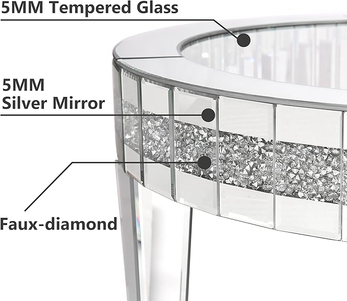 35.5'' Mirrored Round Coffee Table for Living Room, Modern Glass Coffee Table with Crystals Inlay, Silver Accent Table for Home & Office, 1 PC - LeafyLoom