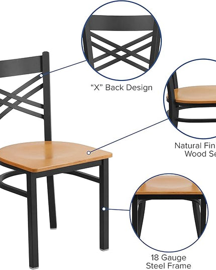 Flash Furniture HERCULES Series Black ''X'' Back Metal Restaurant Chair - Natural Wood Seat - LeafyLoom