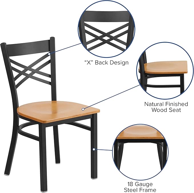 Flash Furniture HERCULES Series Black ''X'' Back Metal Restaurant Chair - Natural Wood Seat - LeafyLoom