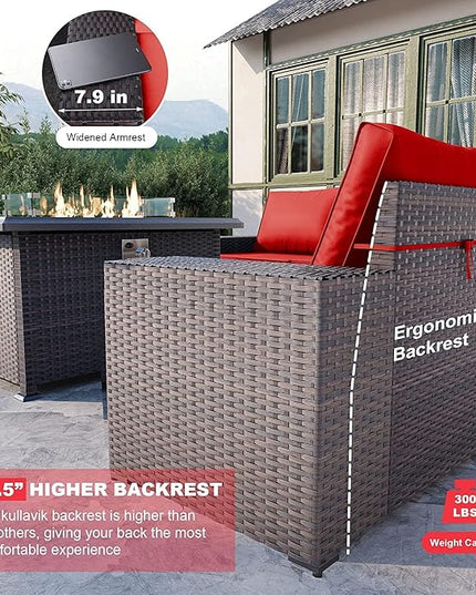 Kullavik 7 Pieces Outdoor Patio Furniture Set with 43" 55000BTU Gas Propane Fire Pit Table PE Wicker Rattan Sectional Sofa Patio Conversation Sets,Dark Red - LeafyLoom