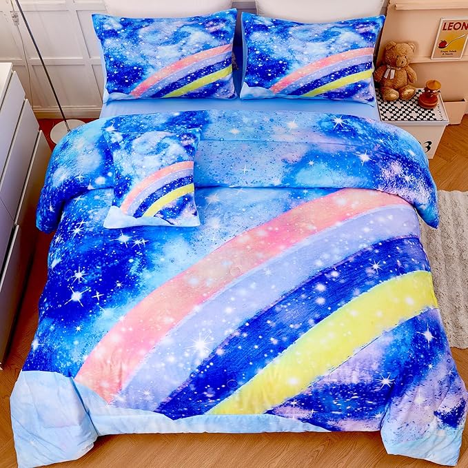 6Pcs Rainbow Girls Comforter Sets Full Size Blue Tie Dye Bed in A Bag for Kids/Teens Sparkle Galaxy Bedding Comforter Set Soft Lightweight Girls Bedding Sets for All Season - LeafyLoom