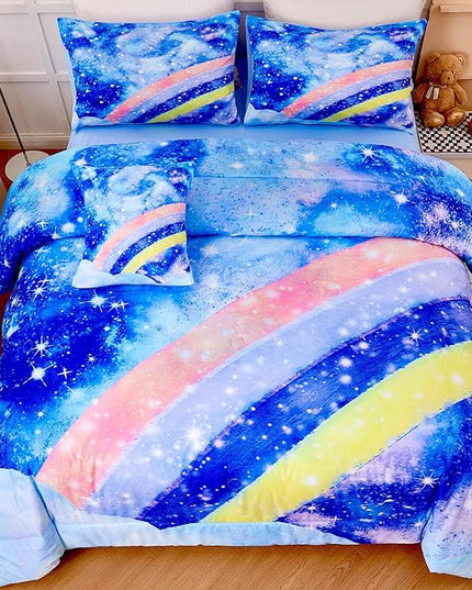 6Pcs Rainbow Bluey Girls Comforter Set Twin Gradient Glitter Bedding Sets Tie Dye Blue Girl Bed Set Soft Galaxy Kids Bed in A Bag with Sheets for All Season - LeafyLoom