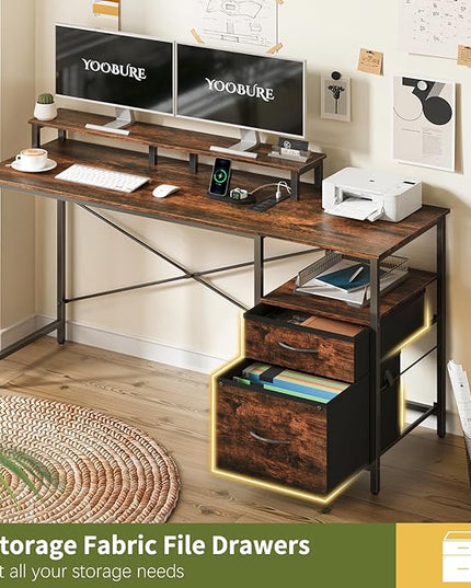 Yoobure Computer Desk, Office Desk with LED Lights & Power Outlets, Gaming Desk with Fabric File Cabinet, 55.1" Home Office Desks， Writing Desk with Drawers, Computer Table with Long Monitor Stand - LeafyLoom