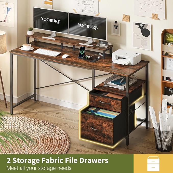 Yoobure Computer Desk, Office Desk with LED Lights & Power Outlets, Gaming Desk with Fabric File Cabinet, 55.1" Home Office Desks, Writing Desk with Drawers, Computer Table with Long Monitor Stand - LeafyLoom