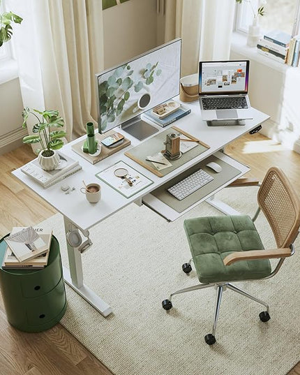 Height Adjustable Desk with Keyboard Tray, 48 x 24 Inches Electric Standing Desk, Stand up Computer Table with Memory Preset, Modern Lift Motorized Gaming Workstation, White - LeafyLoom