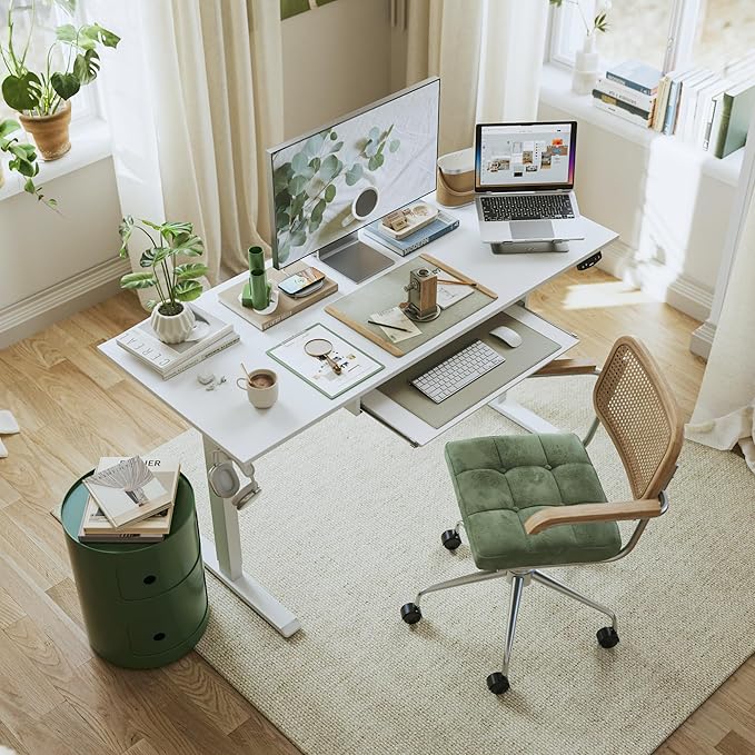 Height Adjustable Desk with Keyboard Tray, 48 x 24 Inches Electric Standing Desk, Stand up Computer Table with Memory Preset, Modern Lift Motorized Gaming Workstation, White - LeafyLoom