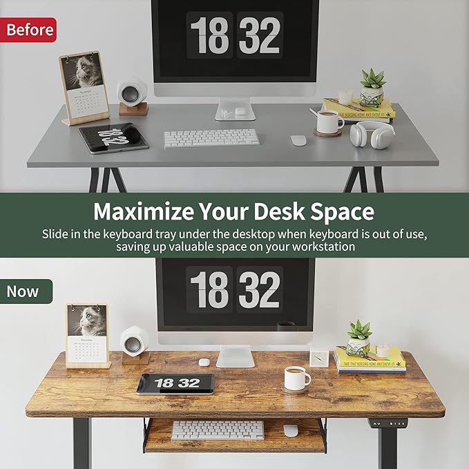 FEZIBO Standing Desk with Keyboard Tray, 48 × 24 Inches Electric Height Adjustable Desk, Sit Stand Up Desk, Computer Office Desk, Rustic Brown - LeafyLoom
