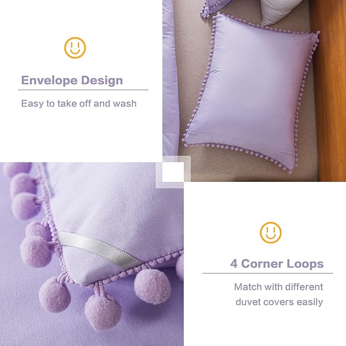 Litanika Comforter Full Size Set Lavender Purple,3 Pieces Lavender Purple Boho Pom Pom Lightweight Bed Comforter Full,All Season Soft Bedding Comforter Sets (1 Comforter 79x90 Inch, 2 Pillowcases) - LeafyLoom