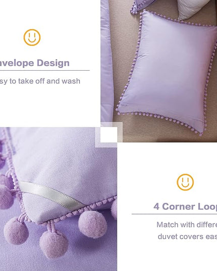 Litanika Queen Size Comforter Set Lavender Purple,3 Pieces Lavender Purple Boho Pom Pom Lightweight Bed Comforter, All Season Soft Bedding Comforter Sets (1 Comforter 90x90 Inch, 2 Pillowcases) - LeafyLoom