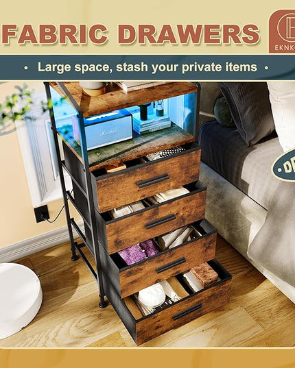 Nightstand 4 Drawer Dresser with LED Lights and Charging Station, Vertical Side Table with Fabric Drawers, End Table with Open Shelf, Tall Dresser for Bedroom, Hallway, Entryway, Rustic Brown - LeafyLoom
