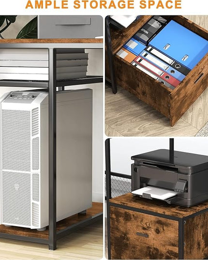 Home Office Desks with Drawers, 66'' Computer Desk with Storage, Office Desk with Monitor Stand, Work Desk with Outlets and USB, Gaming Table Desk with File Cabinet for Home Office Table, Brown - LeafyLoom