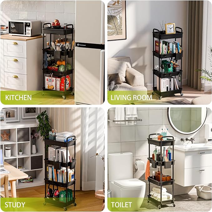 4 Tier Small Rolling Cart Organizer,Art Craft Diaper Bedside Snack Cart Laundry Room Bathroom Organizer Narrow Thin Slim Rolling Trolley Utility Cart with Wheels for Kitchen,Office(Black) - LeafyLoom