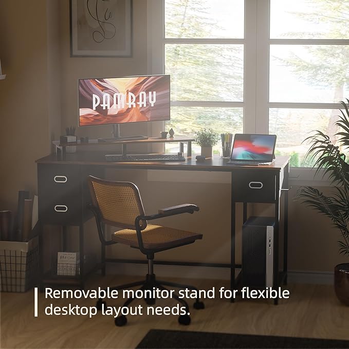 Pamray 55 Inch Computer Desk with Non-woven Storage Drawers and Monitor Stand Home Office Desk for Bedroom Study Table Writing and Work Desk Pink - LeafyLoom