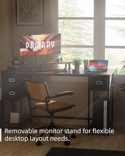 Pamray 55 Inch Computer Desk with Non-woven Storage Drawers and Monitor Stand Home Office Desk for Bedroom Study Table Writing and Work Desk Vintage - LeafyLoom