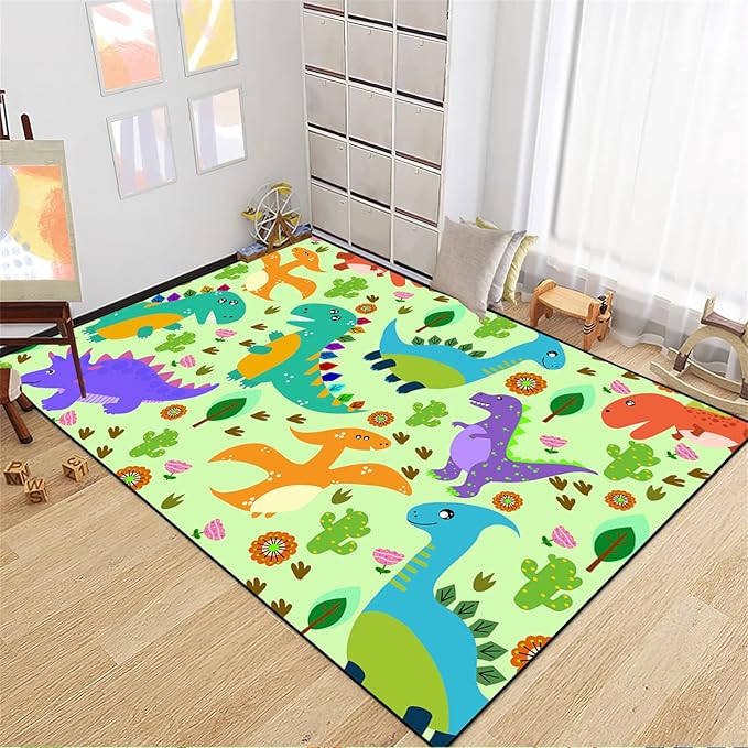 Dinosaur Carpet for Boys Room Dinosaur Play Rug Kids Rug Cartoon Dinosaur Carpet Dino Rug Dinosaur Area Rug for Bedroom Livingroom Playing Room,Green 4'5''×6' - LeafyLoom