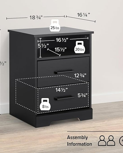 Prepac 2 Drawer Nightstand, 16.25in x 18.75in x 24.5in, Rustic Black - LeafyLoom