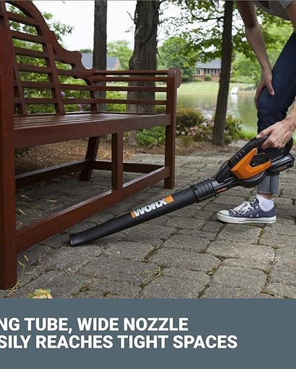 Worx 20V Cordless Leaf Blower WG545.1, Up to 120 MPH Air Speed, Long Nozzle Design for Narrow Spaces, Ideal for Indoor and Outdoor Cleaning, 9x Cleaning Attachments, Battery and Charger Included - LeafyLoom
