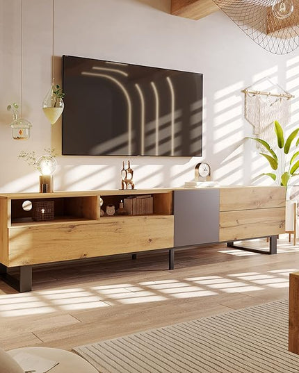 71 Inch TV Stand with Double Storage Space for TVs up to 80'', Modern TV Console with Drop Down Door, Entertainment Center for Living Room, Bedroom and Home Theatre, Wood+Black - LeafyLoom