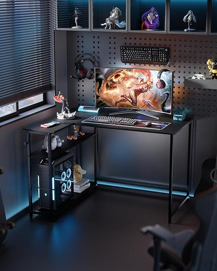 Pamray 43 Inch L Shaped Computer Desk with Reversible Side Storage Shelves, Small Corner Desk for Small Space Home Office,Writing Study Table Gaming PC Desk for Bedroom,Black - LeafyLoom