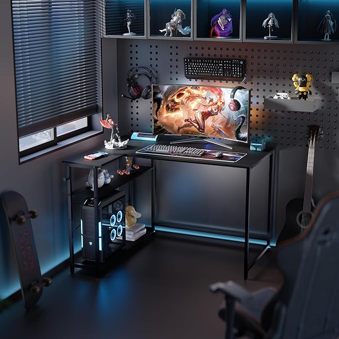 Pamray 43 Inch L Shaped Computer Desk with Reversible Side Storage Shelves, Small Corner Desk for Small Space Home Office,Writing Study Table Gaming PC Desk for Bedroom,Black - LeafyLoom