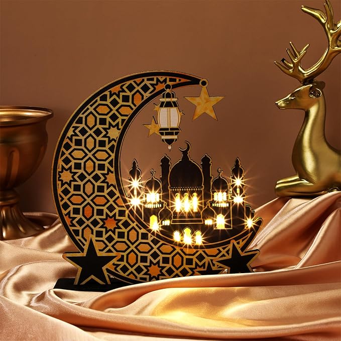 Capoda Eid Craft Night Light Ramadan Mubarak Table Decor 3D Wooden Moon Star LED Light Decor, Mosque Lamp Eid al-Fitr Ornament Gift for Muslim Ramadan Islamic Wall Decor Table Centerpiece(Black) - LeafyLoom