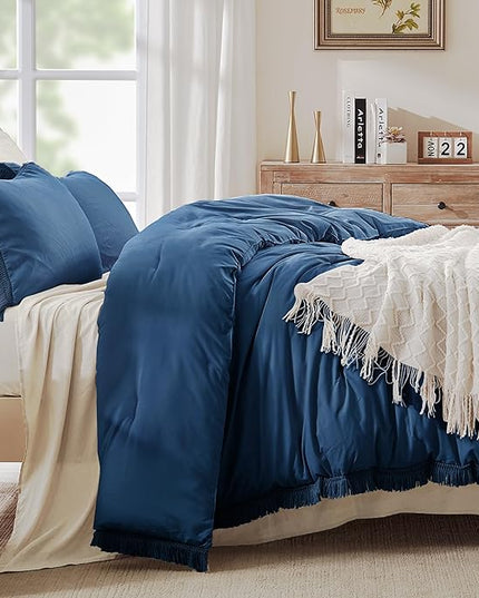 Andency Navy Blue Comforter King Size, 3 Pieces Boho Tassel Lightweight Bedding Comforter Sets for King Bed, All Season Soft Fluffy Fringe Bed Set (104x90In Comforter & 2 Pillowcases) - LeafyLoom