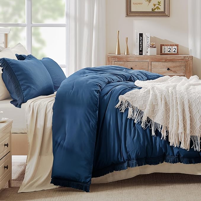 Andency Navy Blue Comforter King Size, 3 Pieces Boho Tassel Lightweight Bedding Comforter Sets for King Bed, All Season Soft Fluffy Fringe Bed Set (104x90In Comforter & 2 Pillowcases) - LeafyLoom