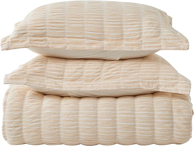 Full/Queen 100% Cotton Comforter Set | Taupe Puckered Striped Down Alternative Comforter | All Season, Linen-Like, Textured 3 Piece Bedding Comforter Set (Full/Queen, Taupe) - LeafyLoom