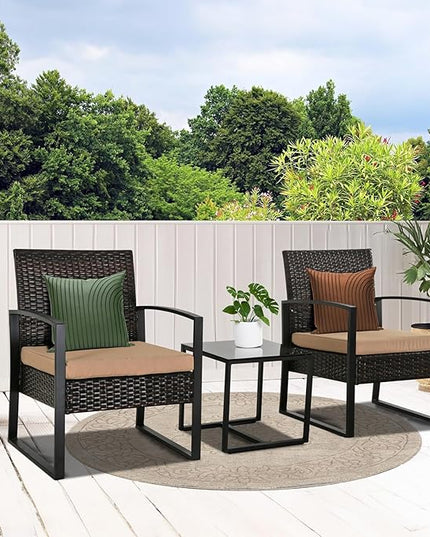 3 Pieces Patio Furniture Set, Outdoor Patio Set, Patio Bistro Set, All-Weather Wicker Conversation Set with Cushions Table for Porch Backyard (Brown-Brown) - LeafyLoom