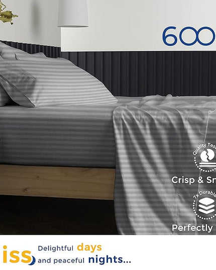 THREAD SPREAD Luxury Egyptian Cotton Queen Stripe Sheet Set, 600 Thread Count Extra Long Staple 4 PC Set, Queen Damask Sheets, Soft, Cooling Sateen Weave Sheets Upto 18" Deep Pocket - Dark Grey - LeafyLoom