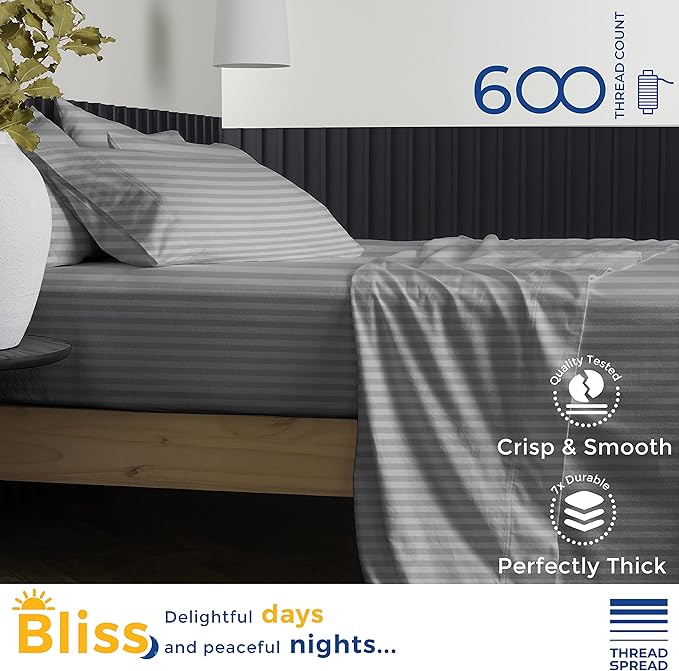 THREAD SPREAD Luxury Egyptian Cotton Queen Stripe Sheet Set, 600 Thread Count Extra Long Staple 4 PC Set, Queen Damask Sheets, Soft, Cooling Sateen Weave Sheets Upto 18" Deep Pocket - Dark Grey - LeafyLoom