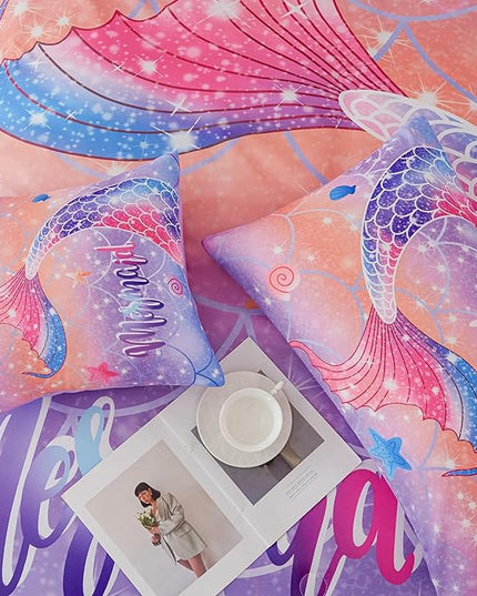 RYNGHIPY Full Bed in a Bag for Kids Teens Girls 6 Pieces, Soft Bedding for All Seasons, Cute Mermaid Tail Kids Bedding Set, Leightweight Girls Fluffy Bed Set - LeafyLoom
