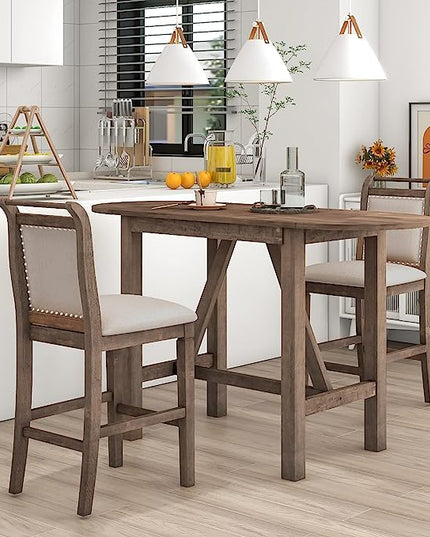 Dining Room Table Set for 2, 3-Piece Wood Counter Height Dining Table Set with Drop Leaf and 2 Upholstered Dining Chairs for Small Place, Rust Brown - LeafyLoom