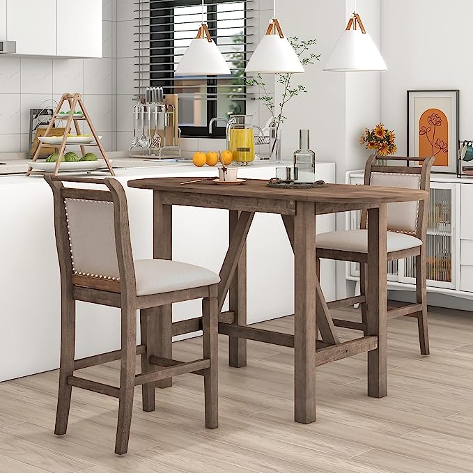 Dining Room Table Set for 2, 3-Piece Wood Counter Height Dining Table Set with Drop Leaf and 2 Upholstered Dining Chairs for Small Place, Rust Brown - LeafyLoom