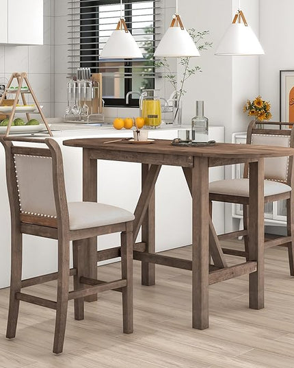 Voohek 3-Piece Counter Height Dining Table Set, with 2 Upholstered Chairs and Drop Leaf, for Small Space, Dinette, Home Kitchen Breakfast, Bar, Brown - LeafyLoom