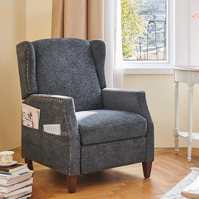 COLAMY Wingback Pushback Recliner Storage Pocket Upholstered Fabric Living Room Chair Armchair, with Wood Legs and Nailhead Trim, Dark Grey - LeafyLoom