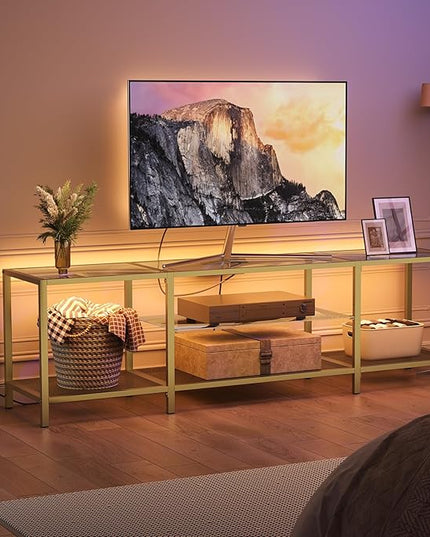 HOOBRO TV Stand with LED Lights and Power Outlets for TVs up to 75", Modern 70.9 Inch Tempered Glass TV Console Table with Open Shelves, Media Entertainment Center for Living Room, Gold GD185UDS01 - LeafyLoom