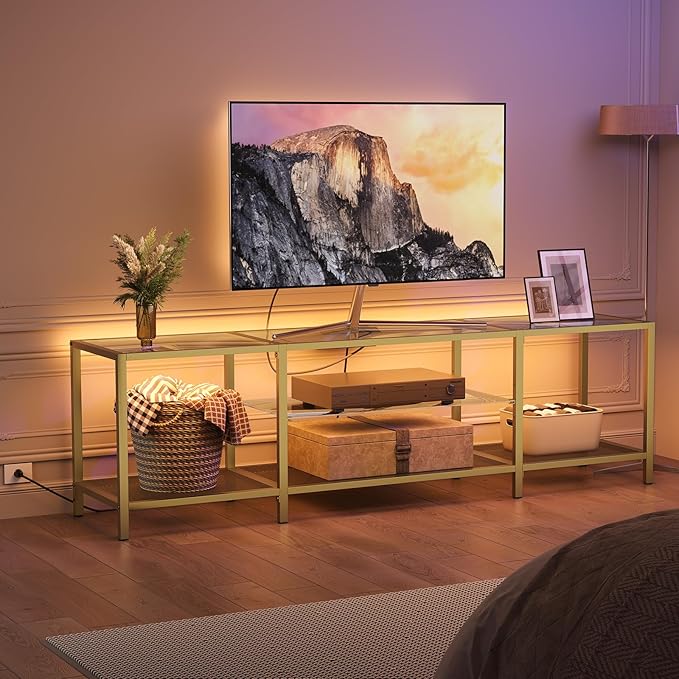 HOOBRO TV Stand with LED Lights and Power Outlets for TVs up to 75", Modern 70.9 Inch Tempered Glass TV Console Table with Open Shelves, Media Entertainment Center for Living Room, Gold GD185UDS01 - LeafyLoom