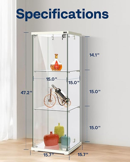 VIVOHOME 3 Layers 15.7''W x 15.7''D x 47.2''H Glass Display Cabinet Countertop Showcase with Lock, 5mm Tempered Glass 25mm MDF Base - LeafyLoom