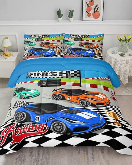 Axolotl Racing Car Bedding Set Full,Cool Speed Race Car Down Comforter for Kids Boys Girls Teens,Racing Car Comforter Set Car Theme with Three Cars Arrive at Finish,1 Comforter and 2 Pillowcases - LeafyLoom