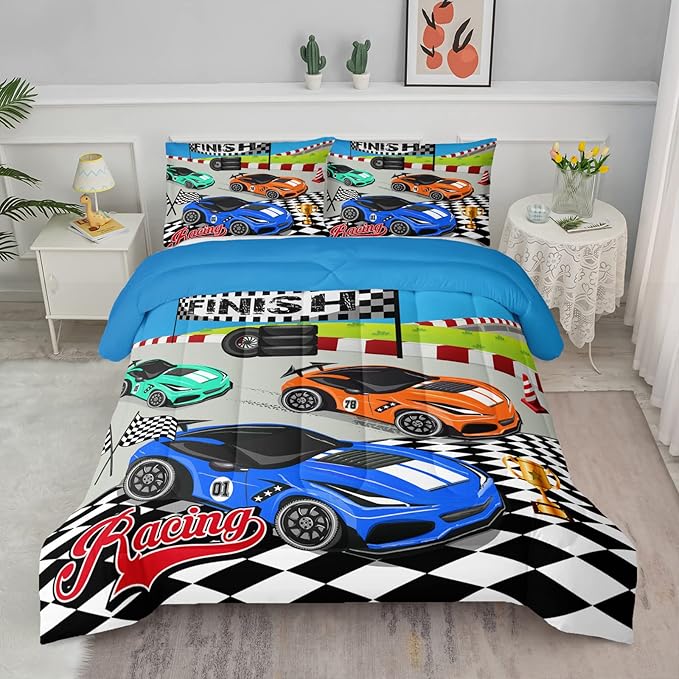 Axolotl Racing Car Bedding Set Full,Cool Speed Race Car Down Comforter for Kids Boys Girls Teens,Racing Car Comforter Set Car Theme with Three Cars Arrive at Finish,1 Comforter and 2 Pillowcases - LeafyLoom