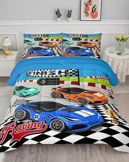 Axolotl Racing Car Bedding Set Queen,Cool Speed Race Car Down Comforter for Kids Boys Girls Teens,Racing Car Comforter Set Car Theme with Three Cars Arrive at Finish,1 Comforter and 2 Pillowcases - LeafyLoom