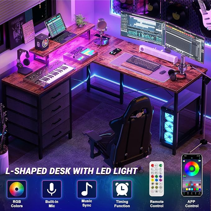 Homieasy L Shaped Desk with Drawers & Power Outlets, Reversible Computer Desk with LED Light and Monitor Stand, 50 Inch Home Office Gaming Work Study Desk with 4 Storage Drawers, Rustic Brown - LeafyLoom