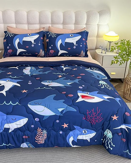 Boys Sharks Comforter Set Full Size 7 Piece Cute Ocean Animal Jellyfish 3D Printed Bedding Set Bed in A Bag for Kids Girls Teens Lightweight Soft Bed Set All Seasons Navy Blue - LeafyLoom