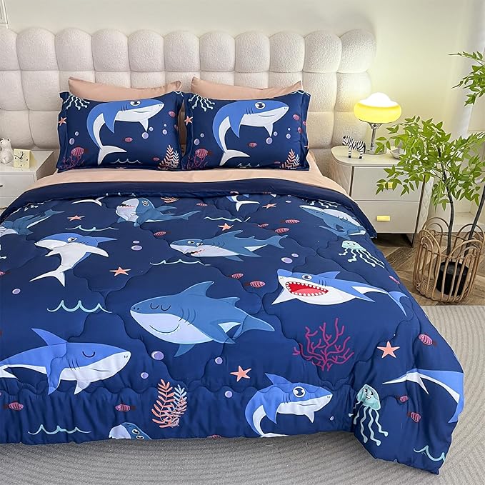 Boys Sharks Comforter Set Full Size 7 Piece Cute Ocean Animal Jellyfish 3D Printed Bedding Set Bed in A Bag for Kids Girls Teens Lightweight Soft Bed Set All Seasons Navy Blue - LeafyLoom