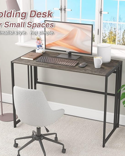 Folding Desk 40'' Computer Desk for Home Office, No Assembly Office Desk Foldable Simple Study Writing Desk Table for Small Spaces(Dark Grey) - LeafyLoom