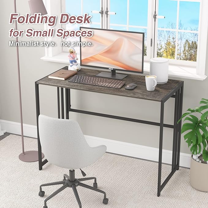 Folding Desk 40'' Computer Desk for Home Office, No Assembly Office Desk Foldable Simple Study Writing Desk Table for Small Spaces(Dark Grey) - LeafyLoom