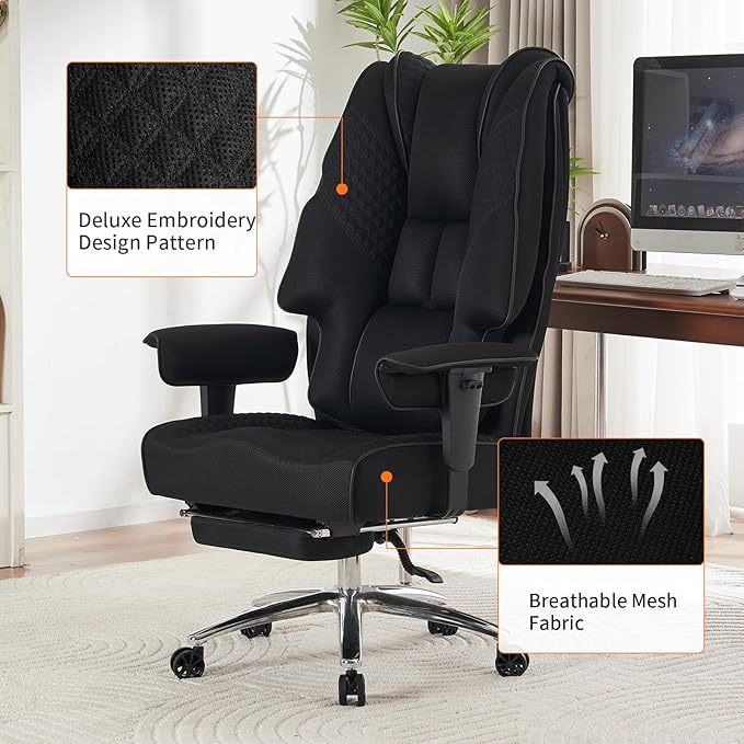 Big and Tall Office Chair 400lbs Wide Seat, Mesh High Back Executive Office Chair with Foot Rest, Ergonomic Office Chair Lumbar Support for Lower Back Pain Relief (Mesh Black) - LeafyLoom