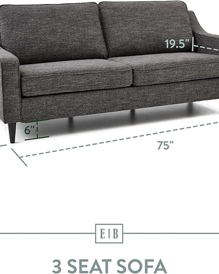 Edenbrook Jensen Upholstered Couch - Couches for Living Room - Charcoal Upholstered Couch - Living Room Furniture - Small Couch - Seats Three - Scoop Arm Modern Couch - LeafyLoom